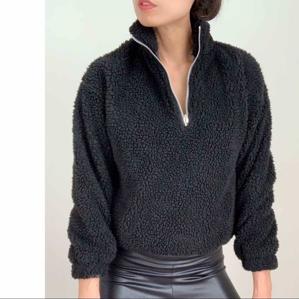 SHERPA HALF ZIP BOMBER SWEATER - BLACK - Picture 4 of 14